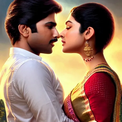 Image similar to perfectly centered bollywood movie promotional poster of young guy and beautiful girl side profile faces symmetrical ; real life portrait, ultra realistic, high coherence, intricate, hdr, highly detailed, photorealistic, octane render, 8 k, unreal engine ; romantic theme, two lovers sharing one heart ; art by artgerm, greg rutkowski, charlie bowater