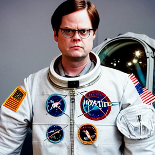 Prompt: Dwight Schrute from The Office wearing an Astronaut Spacesuit