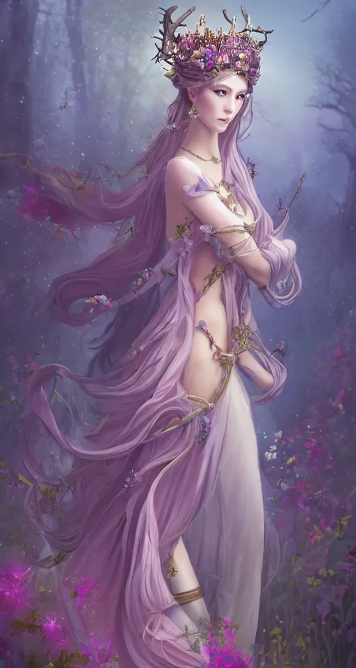 Image similar to A beautiful fantasy empress, full body, just one head, flower tiara, long hair, wearing dramatic aristocrat robe, delicate figure, field of fantasy flowers, foxes and deer, epic composition, ultra wide-shot, dynamic pose, concept art, beautifully lit, digital painting, smooth, character design, sharp focus, elegant, intricate, trending on artstation, by WLOP and James Jean and Victo Ngai