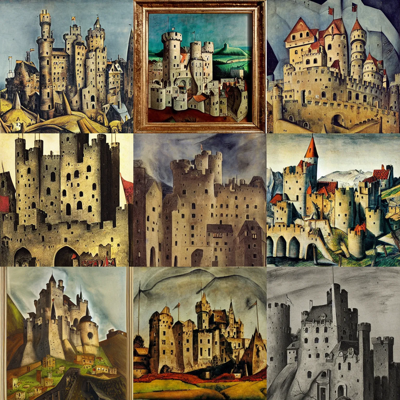 Prompt: medieval castle, by otto dix