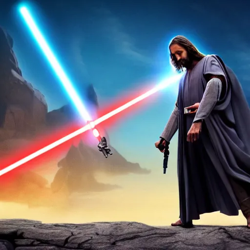 Image similar to jesus christ our lord and savior fighting the sith from star wars, 4 k, high resolution, still, landscape, hd, dslr, hyper realistic