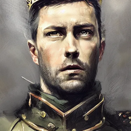 Image similar to portrait of king of asturia don pelayo, colourised, face portrait, epic, tragic, military art, fantasy, dieselpunk, hd shot, digital portrait, beautiful, artstation, comic style, by artgerm, guy denning, jakub rozalski, magali villeneuve and charlie bowater