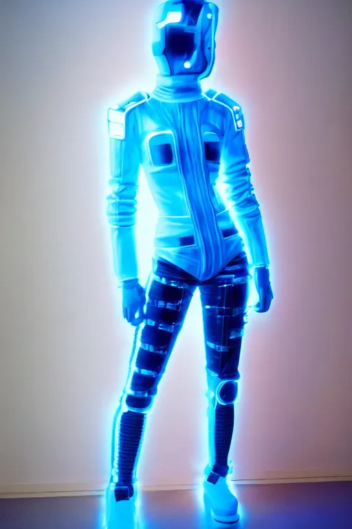 Prompt: full body shot of young punk woman dressed in futuristic cyberpunk clothing, soft blue light, by rineke dijkstra and artgerm, intricate details, highly detailed, masterpiece, 8 5 mm