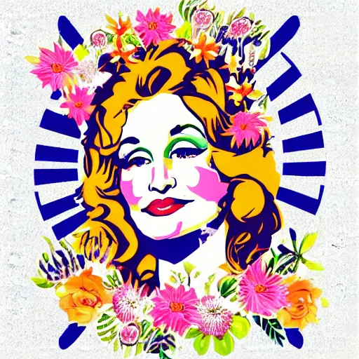 Prompt: flower child, Dolly Parton, graphic design, vintage, retro