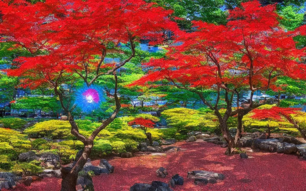 Prompt: beautiful red maple park in fukuoka. fibonacci cubes and prisms. retro art by jean giraud and van gogh.