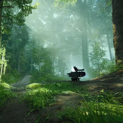 Prompt: in a background green forest, in foreground boy with shotgun, 8 k, ultra detailed, ultra realistic, unreal engine 5