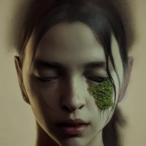 Image similar to photo realistic image of a person made of moss, stunning 3 d render inspired art by istvan sandorfi and greg rutkowski, perfect facial symmetry, realistic, highly detailed attributes and atmosphere, dim volumetric cinematic lighting,