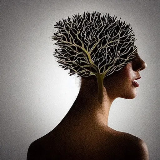 Image similar to woman with tree growing out of her head, beautiful, artistic, digital art