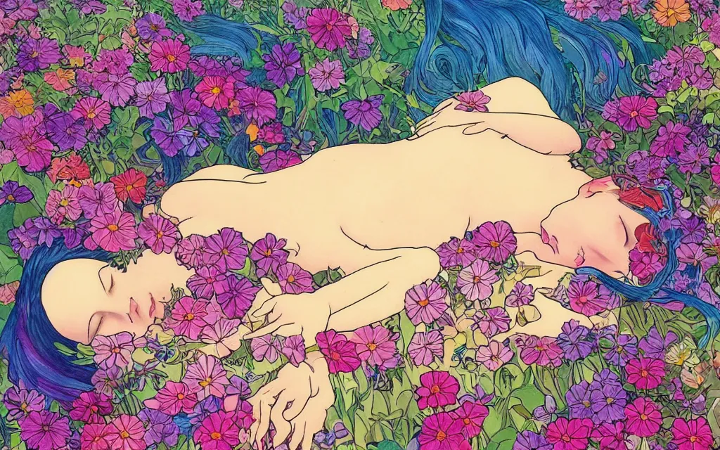 Image similar to daydream i dream of you amid the flowers for a couple of hours, such a beautiful day. a woman sleeping in the style of lisa frank and alfons mucha