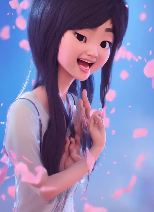 Image similar to a cute asian girl singing, flowing hair in the style of pixar animation, full body shot, viewed from bellow, award winning, hyper detailed, studio lighting, artstation, octane renderer, unreal engine