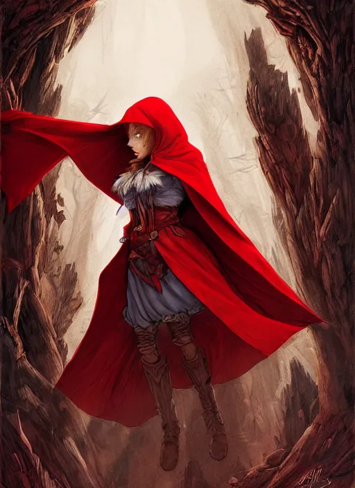 Image similar to digital _ picture _ little red riding hood and the wolf _ red cloak _ wonderful eyes _ philippe _ poles _ and _ justin _ gerard _ symmetrical _ fantasy _ very _ detailed _ realistic _ complex _ clear focus