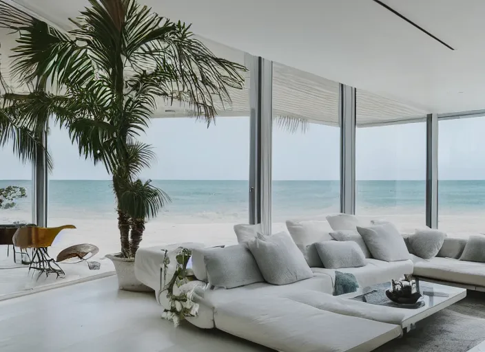 Image similar to interior photo of a modern beach house with a beautiful couch next to a white marble table on top of which there are magnificent flowers, highly detailed, hd, 4k