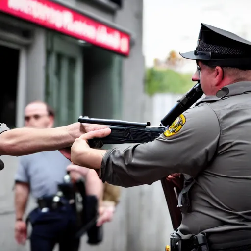 Prompt: cop aiming gun at scared man with, bottle of water