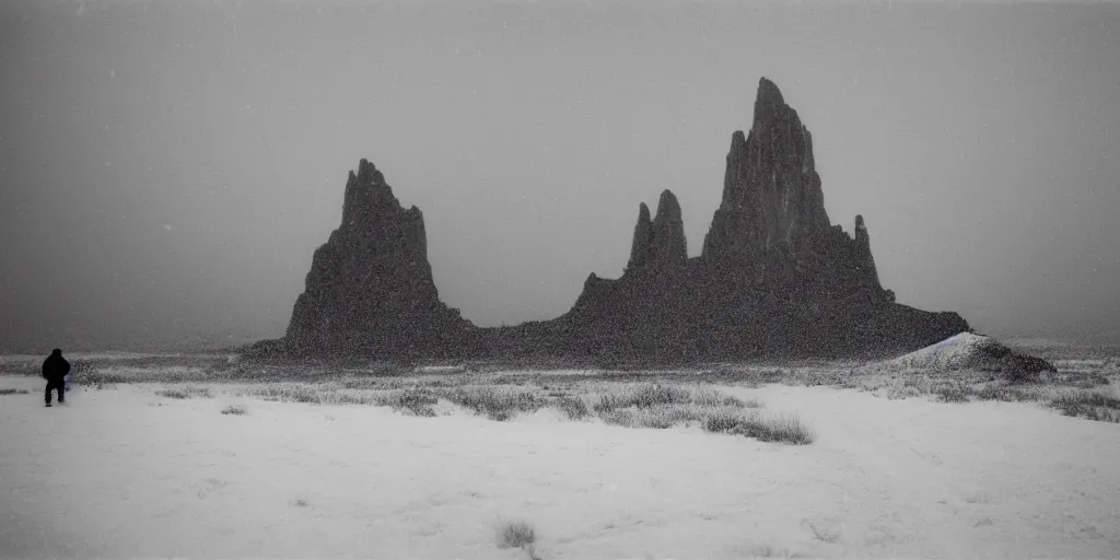 Image similar to photo of shiprock, new mexico during a snowstorm. a old man in a trench coat and a cane appears as a hazy silhouette in the distance, looking back over his shoulder. cold color temperature. blue hour morning light, snow storm. hazy atmosphere. humidity haze. kodak ektachrome, greenish expired film, award winning, low contrast.