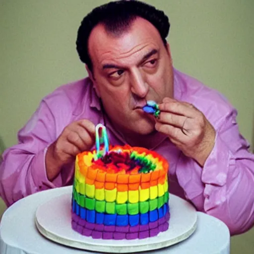 Prompt: tony soprano eating a rainbow candy cake t