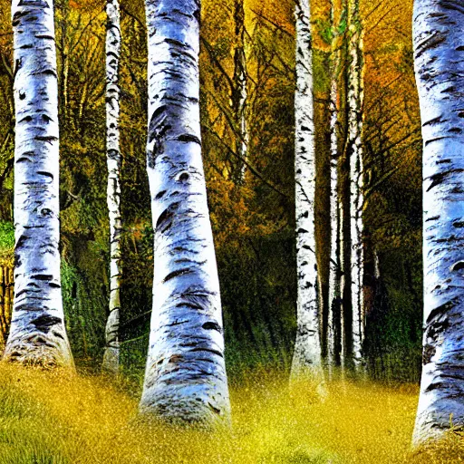 Prompt: Silver birch trees by chunks of bedrock on the side of a hill, digital art, postcard