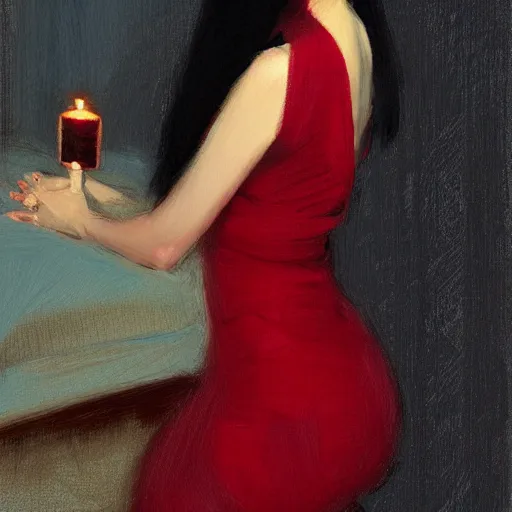 Image similar to beautiful girl with long black hair, in backless red dress, backview, sitting on edge of bed, in a candle lit room, by jeremy lipking, tim rees, joseph todorovitch