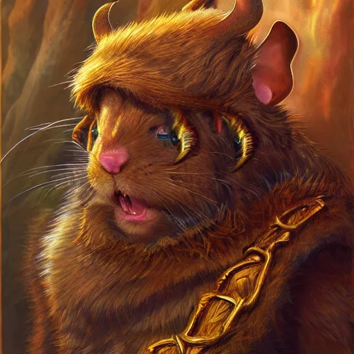 Image similar to fantasy portraiture of a man-hamster chimera jarl, by Ted Nasmith and by Joe Jusko, 4K, trending on ArtStation, sfumato, full shot