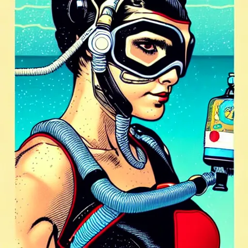 Prompt: tarot card of portrait of a female diver with a oxygen mask intricate detailed mask with front profile by MARVEL comics and Sandra Chevrier