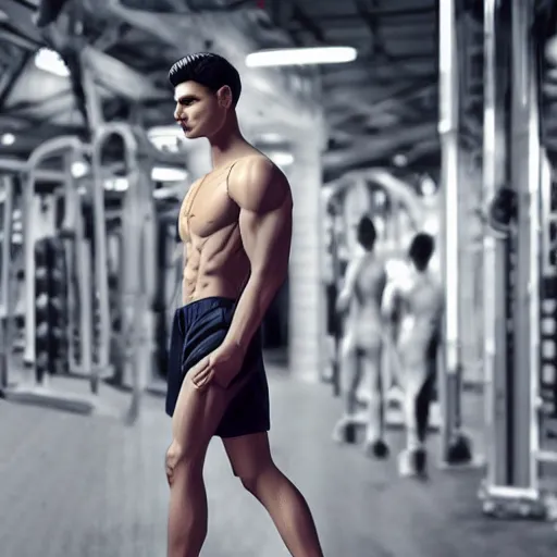 Image similar to a realistic detailed photo of a guy who is an attractive humanoid who is half robot and half humanoid, who is a male android, attractive and handsome jogger, shiny skin, posing like a statue, blank stare, in a factory, on display, showing off his muscles, wearing gym shorts, side view, looking at each other mindlessly