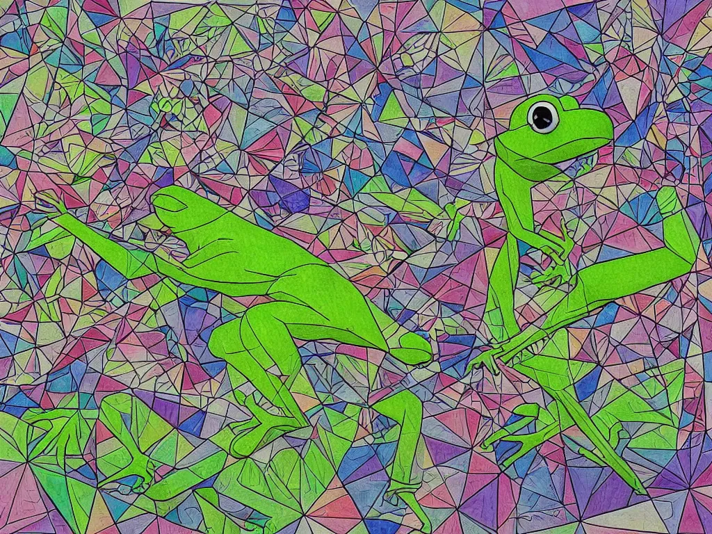 Image similar to pepe the frog walking on hyper-dimensional impossible geometric object, high detail, highly abstract, vivid colors, a little bit touch of M. C. Escher