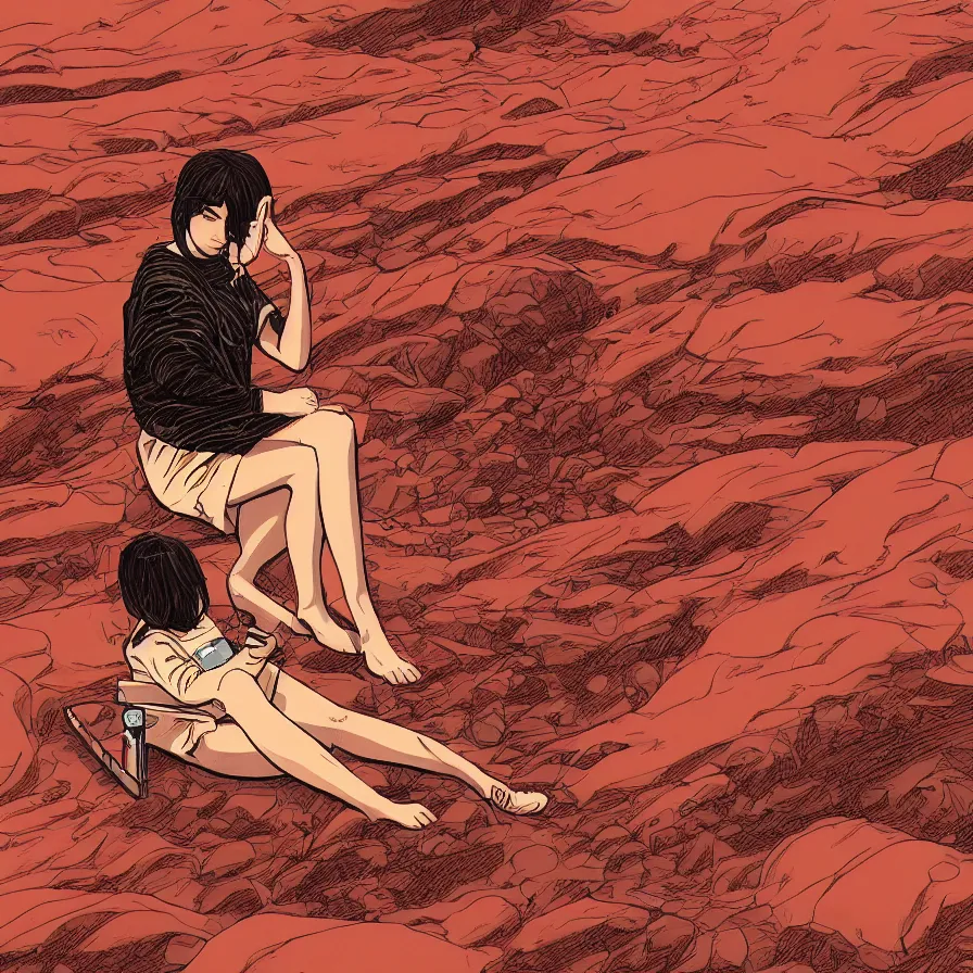 Image similar to very detailed, prophet graphic novel, ilya kuvshinov, mcbess, rutkowski, simon roy, illustration of a girl sitting alone on the surface of mars while staring at her phone, wide shot, colorful, deep shadows, astrophotography, award winning