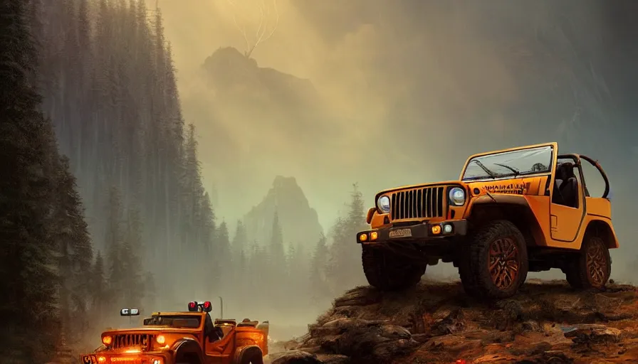 Image similar to Mahindra Thar, an epic fantasy, dramatic lighting, cinematic, establishing shot, extremely high detail, photorealistic, cinematic lighting, artstation, by simon stalenhag, horizon forbidden west