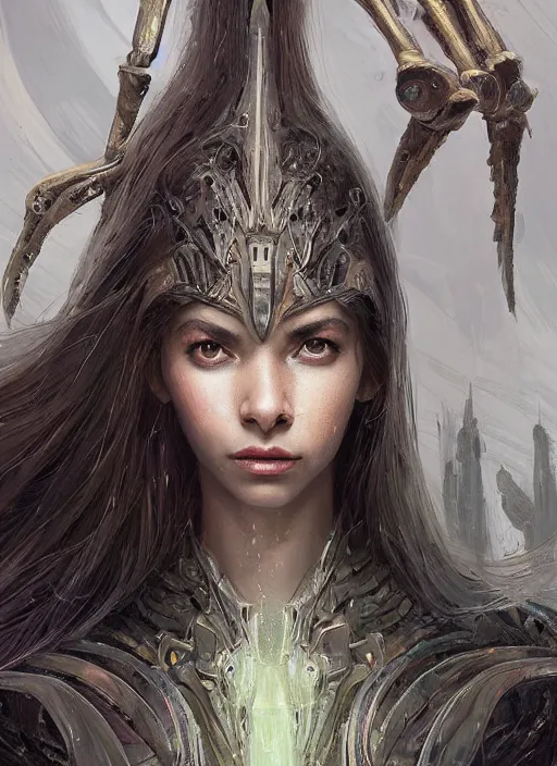 Image similar to a professional painting of a beautiful young female alien, clothed in ethereal armor, olive skin, long dark hair, beautiful bone structure, symmetrical facial features, intricate, elegant, digital painting, concept art, smooth, sharp focus, illustration, from Valerian and the City of a Thousand Planets, by Ruan Jia and Mandy Jurgens and Artgerm and William-Adolphe Bouguerea