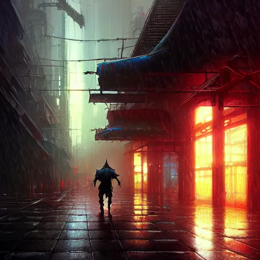 Prompt: an exhausted warrior walks from left to right a lost cyberpunk city, rainy day, radiant light, digital painting, art station, by les edwards, by greg rutkowski
