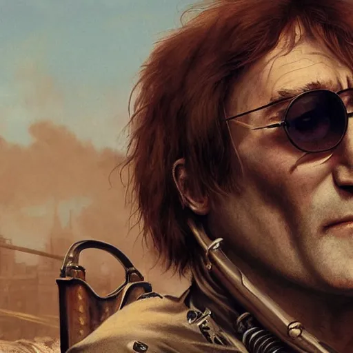 Image similar to john lennon as a mad max villain, ultra realistic, concept art, intricate details, highly detailed, photorealistic, octane render, 8 k, unreal engine, art by frank frazetta, simon bisley, brom