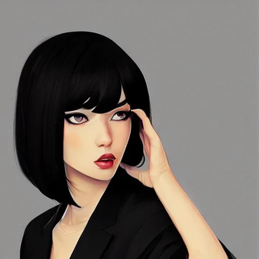Prompt: slim mafia girl in tuxedo with black bob hair, elegant, 2d, ultra highly detailed, digital painting, smooth, sharp focus, artstation, art by Ilya Kuvshinov