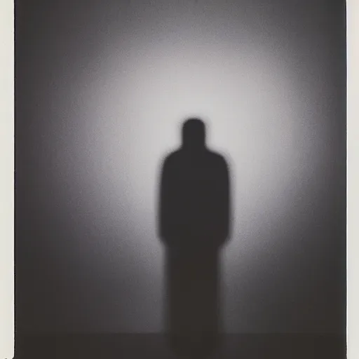 Prompt: dark, scary human figure standing ominously in a hallway, backlit by soft lights, dark, mysterious, creepy, photo taken on Polaroid camera