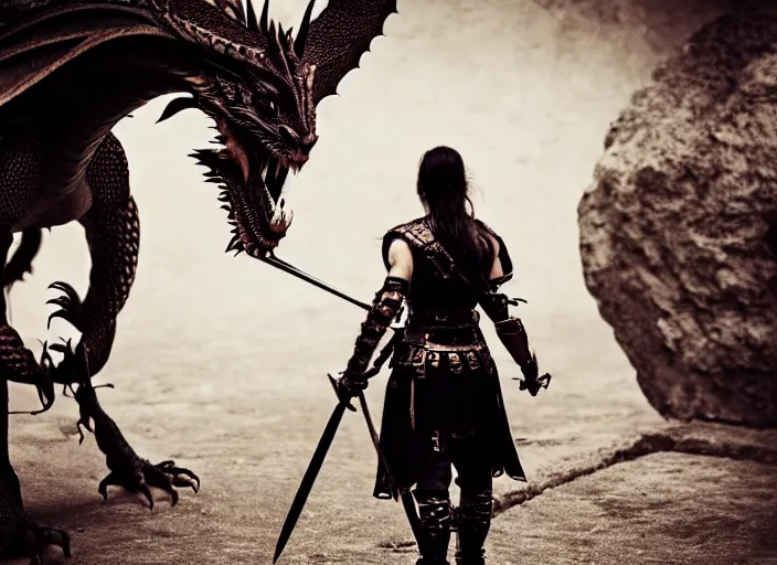 Prompt: scared female warrior who came only to look at the real dragon, symmetrical, cinematic, real photography