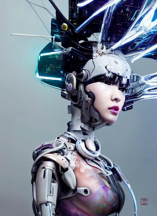 Image similar to close up portrait of a futuristic geisha cyborg walking in a digital storm with lens flairs, in the style of ghost in the shell, kintsugi, modern fine art, fractal, intricate, elegant, highly detailed, digital photography, subsurface scattering, by gigee and greg rutkowski,