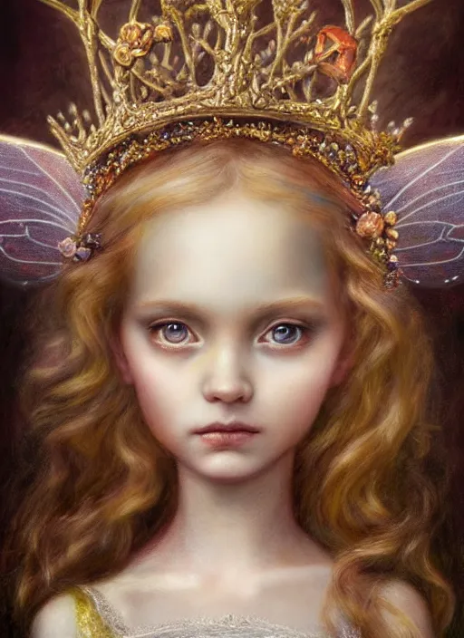 Image similar to highly detailed closeup portrait of a fairy princess wearing a crown and sitting on a throne, nicoletta ceccoli, mark ryden, lostfish, earl nore, global illumination, god rays, detailed and intricate environment