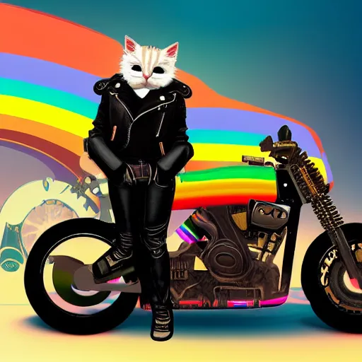 Image similar to wide angle full body, jacket wearing fluffy cute rainbow kitten wearing a black leather motorcycle jacket, riding on a motorcycle, cinematic concept art