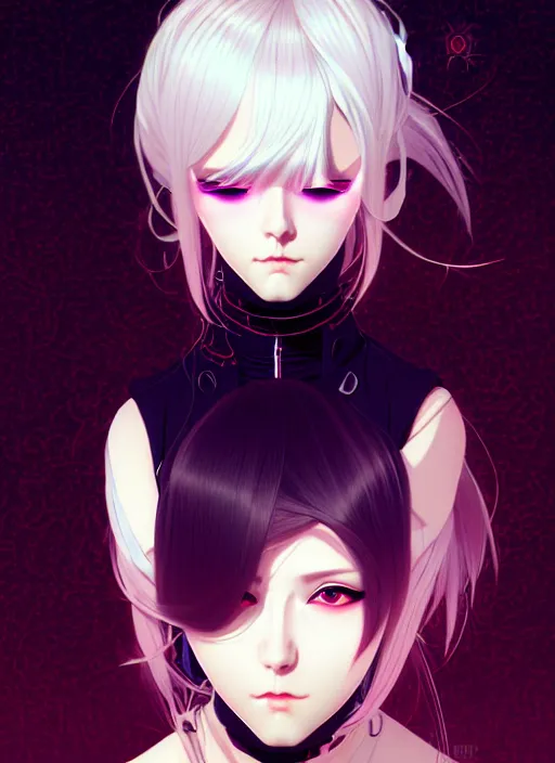 Image similar to portrait Anime girl cyberpunk, cute-fine-face, white-hair pretty face, realistic shaded Perfect face, fine details. Anime, cyberpunk. realistic shaded lighting by Ilya Kuvshinov and Gustav Klimt