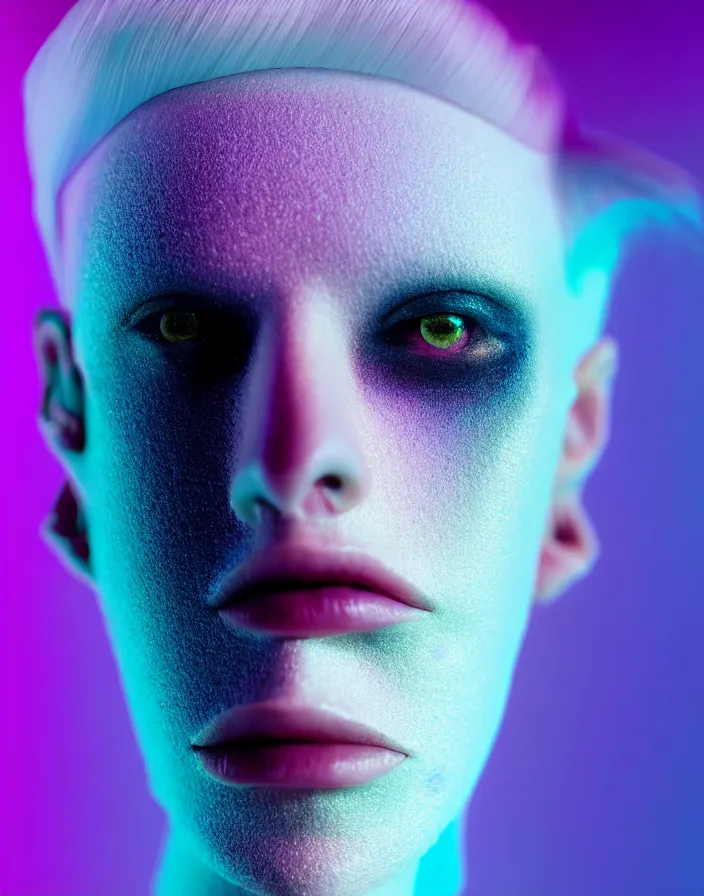 Image similar to high quality pastel coloured film close up photograph of an androgynous cyber model in an icelandic black rock!! environment in a dreamstate style. three point light. photographic. art directed. pastel colours. volumetric light. pastel gradient overlay. waves glitch. 8 k. filmic.