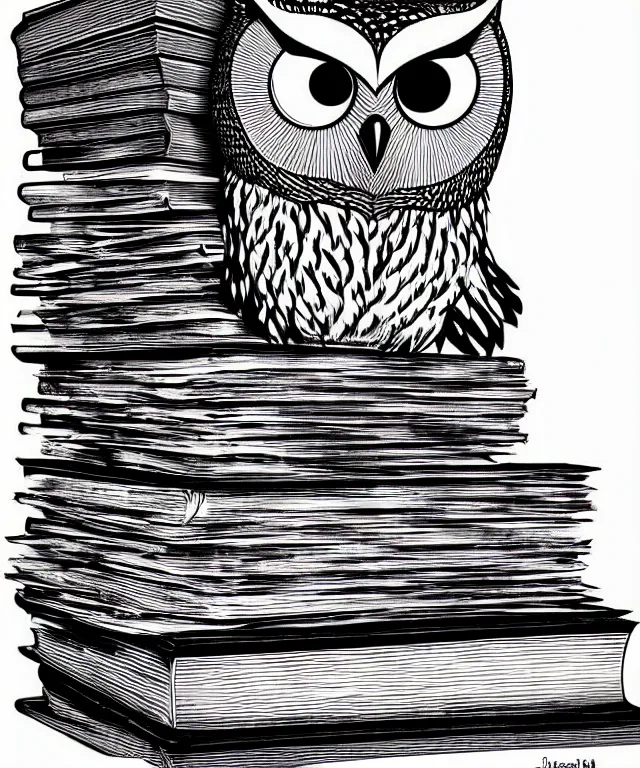 Image similar to owl perched on top of a stack of books, art by james o barr, black ink, black and white, vector, vector art