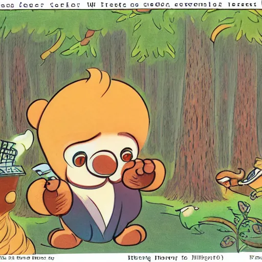 Prompt: magical forest, bear, trees, honey, 1 9 2 0 s cartoon, rubber hose, fleischer studios, portrait, merry melodies, sharp focus