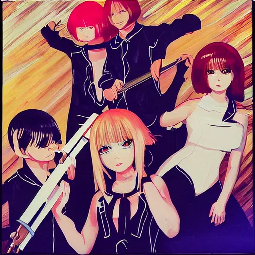 Image similar to kuvshinov ilya painting of an anime metal band photo, direct flash photography at night, film grain