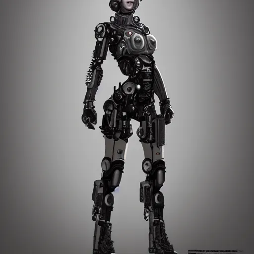 Image similar to beautiful female cyborg, full round face, short smile, full body, post apocalyptic setting, medium shot, mid-shot, highly detailed, trending on Artstation