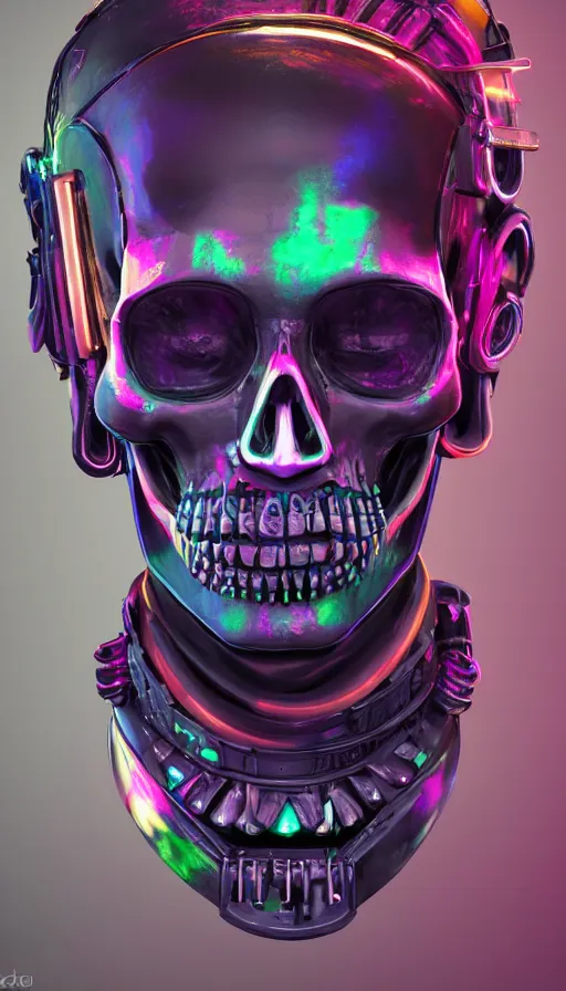 Image similar to a colorful skull with a cross on it's forehead, cyberpunk art by stanley twardowicz, cgsociety, computer art, neon, wallpaper, glowing neon, a woman wearing a silver dress and a silver mask, cyberpunk art by zhou fang, cgsociety, computer art, daz 3 d, zbrush, rendered in maya