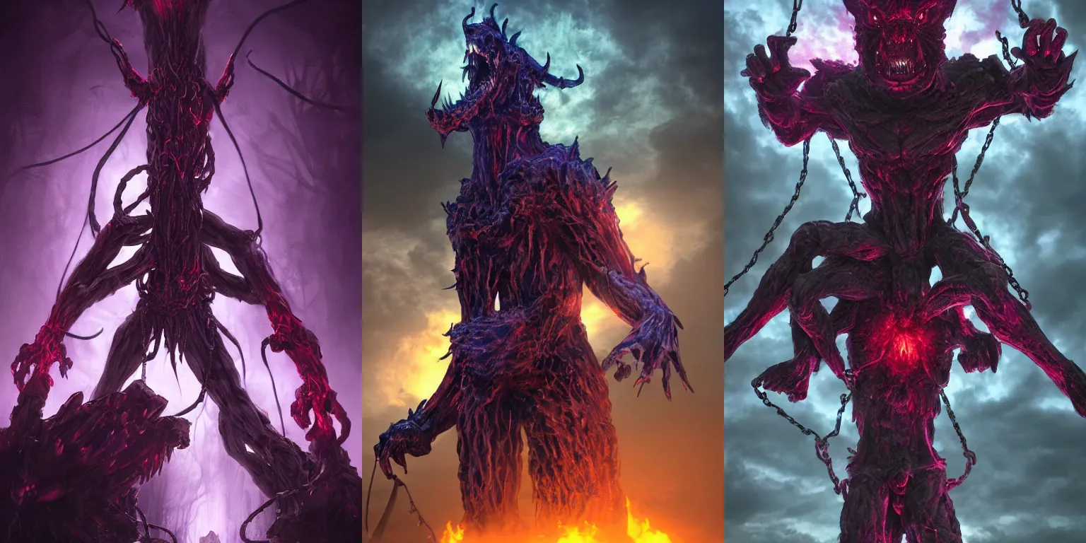 Prompt: Giant demonic abomination statue. Howling. Enchained, chains, restrained. Bloom, volumetric lighting. Purple red lighting. Dark fantasy, digital painting, illustration, HD, 4k, detailed, vibrant, horror.