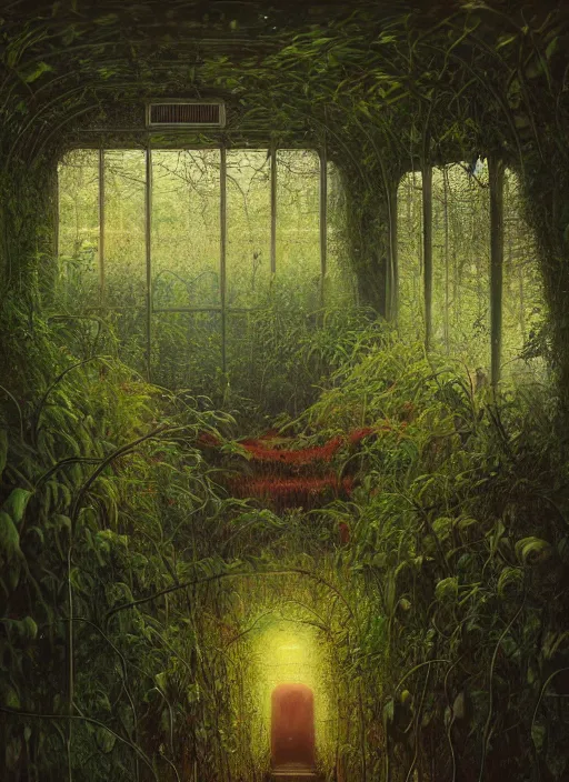 Image similar to A beautiful interior of an overgrown bus full of lush plants, rich vines and verdant flowers, digital art, trending on Artstation, thick atmosphere, fireflies flying around, 4k wallpaper, Zdzislaw Beksinski