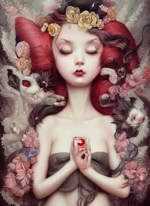 Prompt: pop surrealism, lowbrow art, realistic cute seductive female painting, japanese style, hyper realism, muted colours, rococo, kaname ozuma, natalie shau tom bagshaw, mark ryden, trevor brown style,