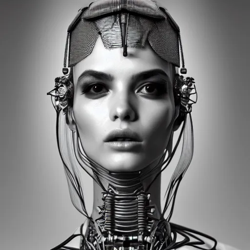 Image similar to closeup portrait of an absurdly beautiful, graceful, sophisticated, fashionable cyberpunk mechanoid gravure idol, an ultrafine hyperdetailed illustration by irakli nadar, matt wisniewski style, fashion photography, intricate linework, porcelain skin, jellyfish headdress, unreal engine 5 highly rendered, global illumination, radiant light, detailed and intricate environment