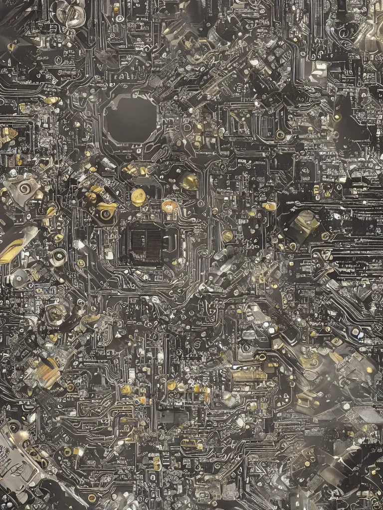 Image similar to big technology, intricate circuit board, cpu, bios chip, led, lcd display, integrated circuits, cmos, capacitors, intricate concept art matte painting, cyberspace, nature grotesque dark