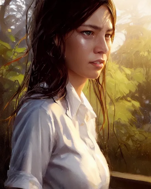 Prompt: epic portrait cinematic shot an waitress in a white short sleeved uniform showing of her coffee, sweaty skin, wet flowing hair, fine details. night setting. realistic shaded lighting poster by craig mullism, artgerm, jeremy lipkin and michael garmash, unreal engine, radiant light, detailed and intricate environment, digital art, trending on art station,
