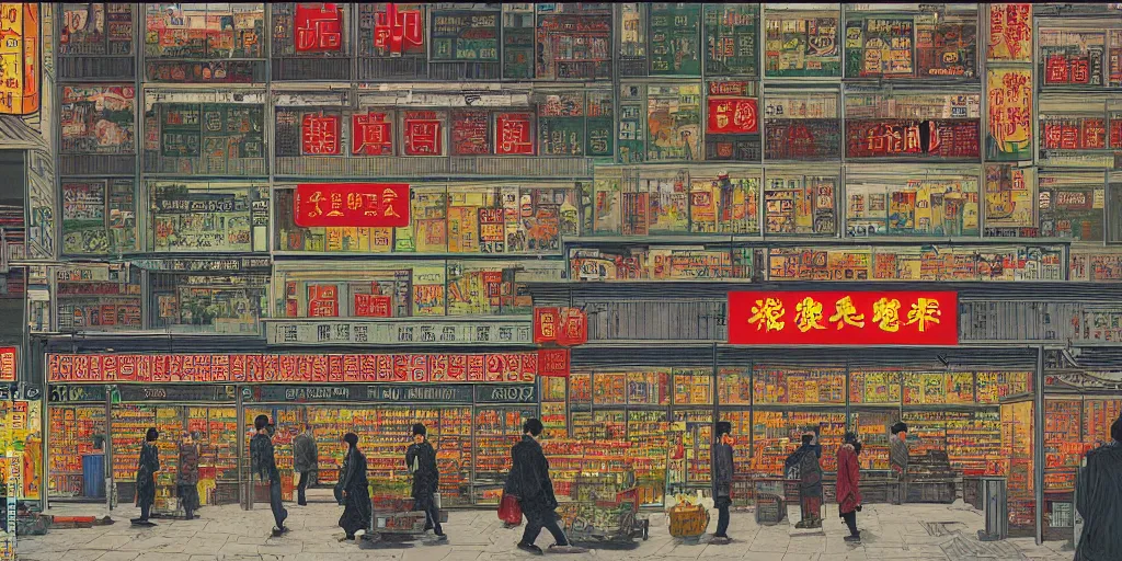 Image similar to a supermarket in hong kong, by dan mumford and peter doig and edward hopper, symmetrical, minimal, black ink, thick lines highly detailed, muted colours, overlaid with chinese adverts, 8 k